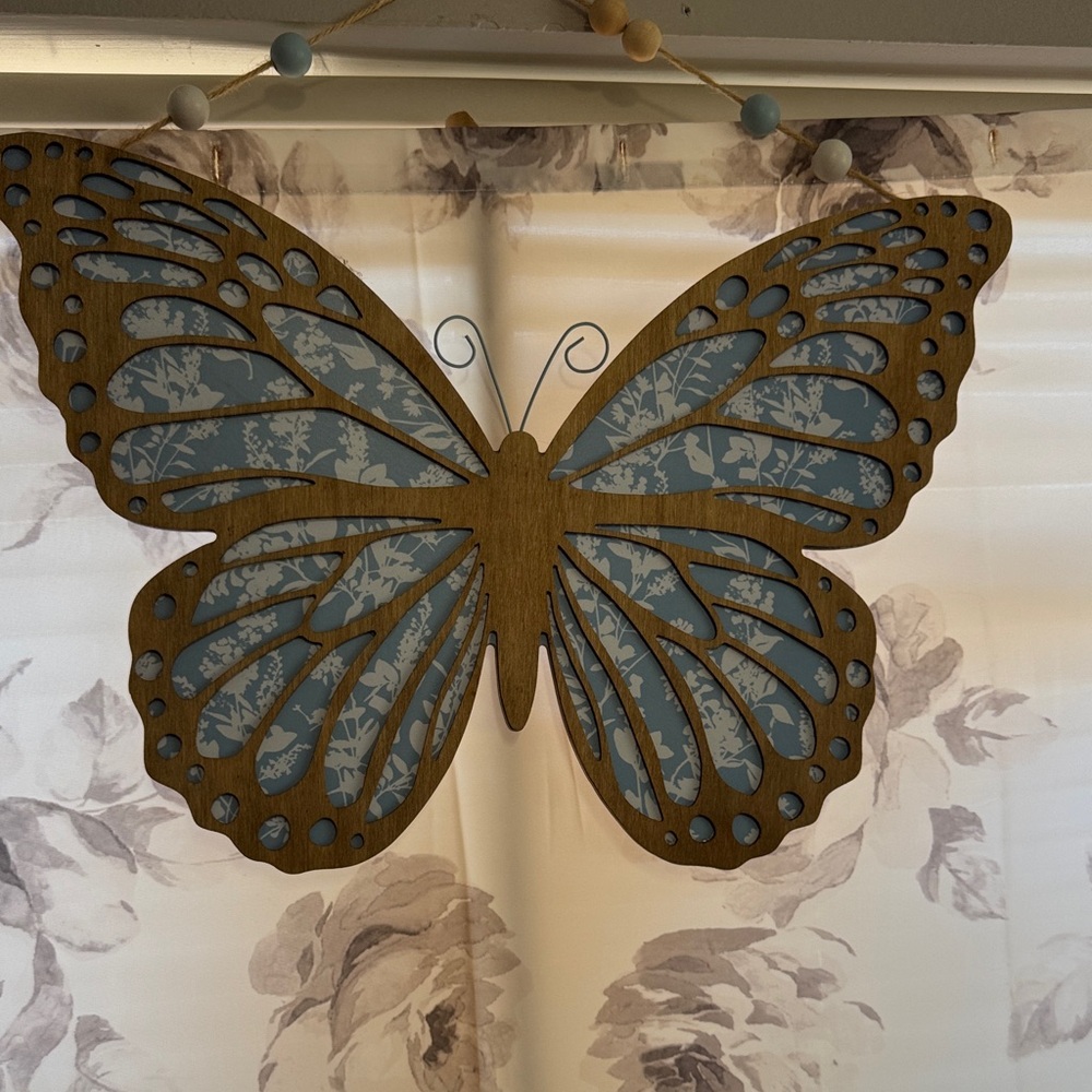 Wooden Butterfly Wall Decor with Blue Accents